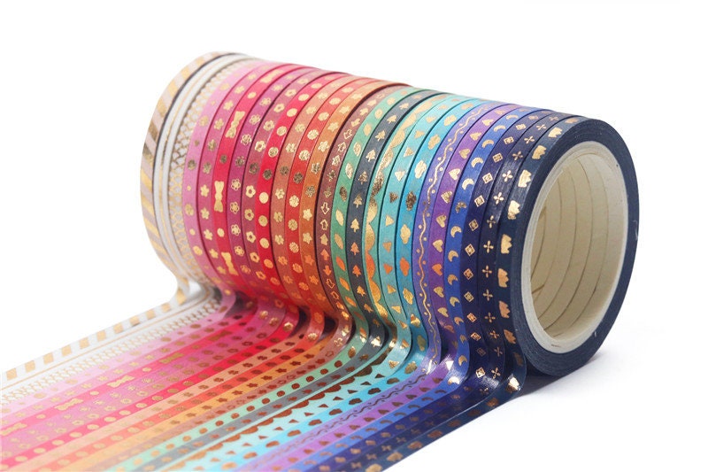 Foil Gold Rainbow Washi Tape Full Set, Card Scrapbooking Tape, Gift Wrapping Tape Skinny 3mm x 5M Set of 24 No.12032