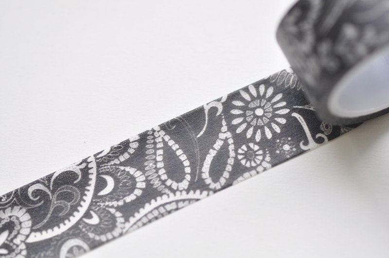 Retro Floral Design Black Washi Tape 20mm Wide x 5M No.12136