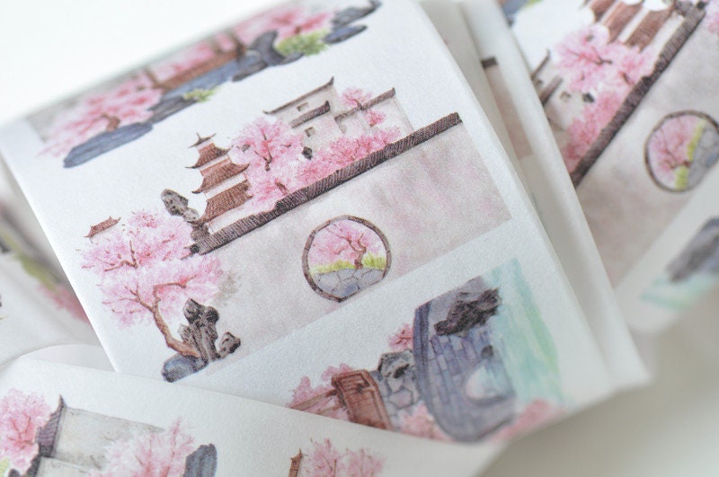 Vintage Pavilion Washi Tape Asian Culture Lined Bullet Journal Tape 55mm wide x 3 Meters Roll No.13256