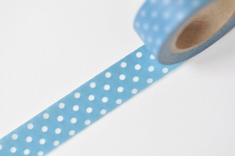 Blue Washi Tape With White Polka Dots Masking Tape 15mm x 5M Roll No.13005