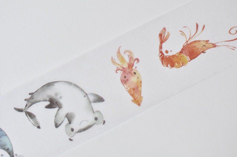 Ocean Washi Tape Shark, Fish, Squid Japanese Masking Tape Deco Tape 30mm x 3 Meters Roll No.12207