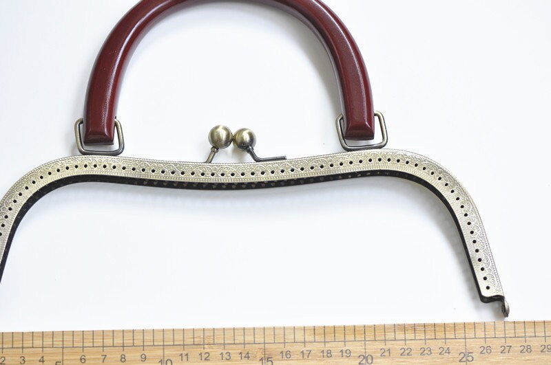 27cm ( 10") Antique Bronze Large Sewing Purse Frame With Natural Wood Handle