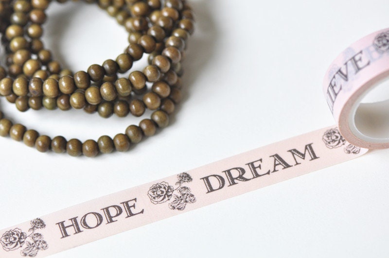 Pink Dream Believe Hope Pattern Washi Tape Scrapbook Supply 15mm Wide x 5M Roll No.12243