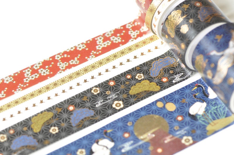 Foil Gold Crane Washi Tape Set, Card Scrapbooking Tape, Gift Wrapping Tape Set of 5 No.12082