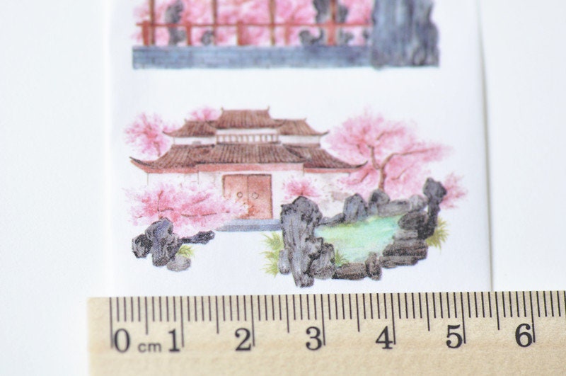 Vintage Pavilion And House Washi Tape Asian Culture Lined Bullet Journal Tape 55mm wide x 3 Meters Roll No.12651