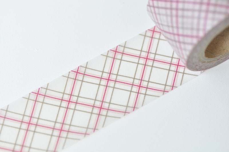 Pink Grid Pattern Washi Tape Journal Supplies 30mm x 5 Meters Roll No.10960