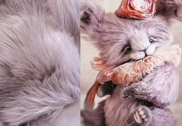 33cm x 32cm (12"x12")Light Grey Purple Teddy Bears Making Material Curls Fabric Long Pile