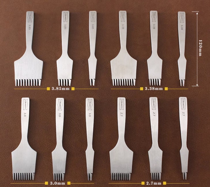 2.7mm/3mm/3.38mm/3.85mm Leather Stitching Prong Chisel -2/5/10 Prongs 3 pcs A Set Pick Size