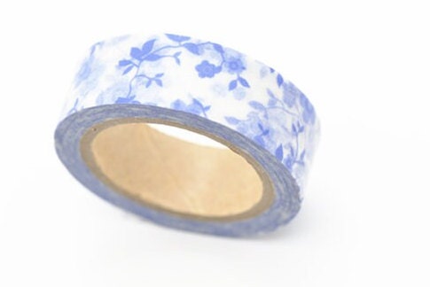 Vintage Blue Masking Tape Blue Flower Wide Washi Tape 15mm x 5 Meters Roll
